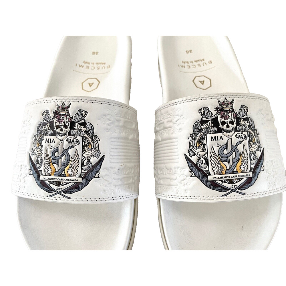 BUSCEMI Women's Size 36/US 6 White Black Leather Slip-On Slide Sandals Italy